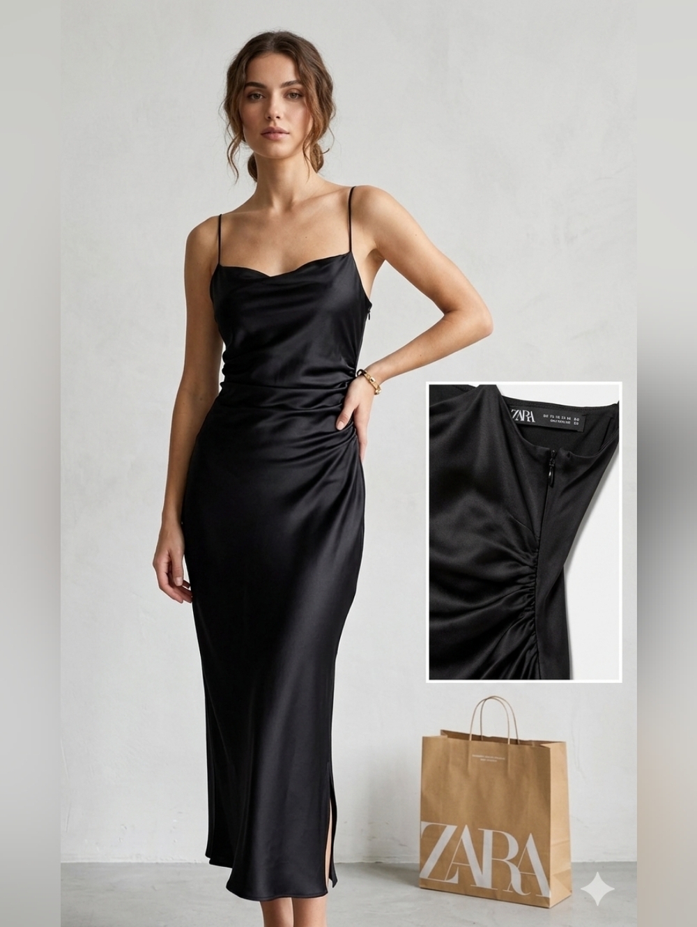 New 💛 Zara Black Satin Cowl Slip Dress with Ruched Side 🎀